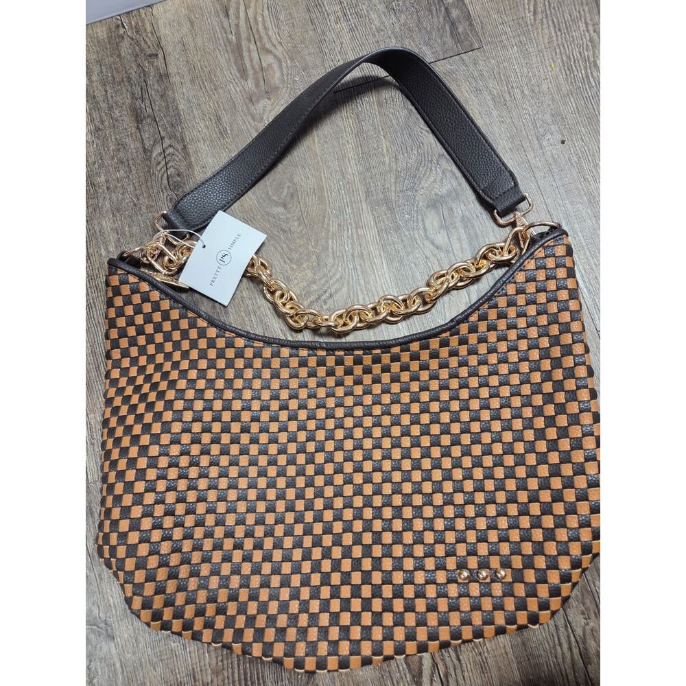 Pretty Simple NWT Sienna Slouchy Woven Shoulder Bag Vegan Leather Brown Purse